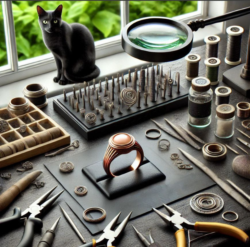 Una mesa que tiene metales y joyas con las que trabaja el orfebre manualmente